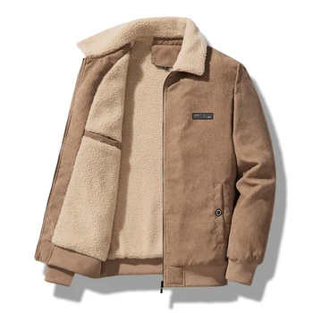 New Winter Corduroy Jacket Men's Casual Lapel Jacket Thick Warm Fleece Lined Jacket Shearling Trendy Cargo Cotton-Padded Coat