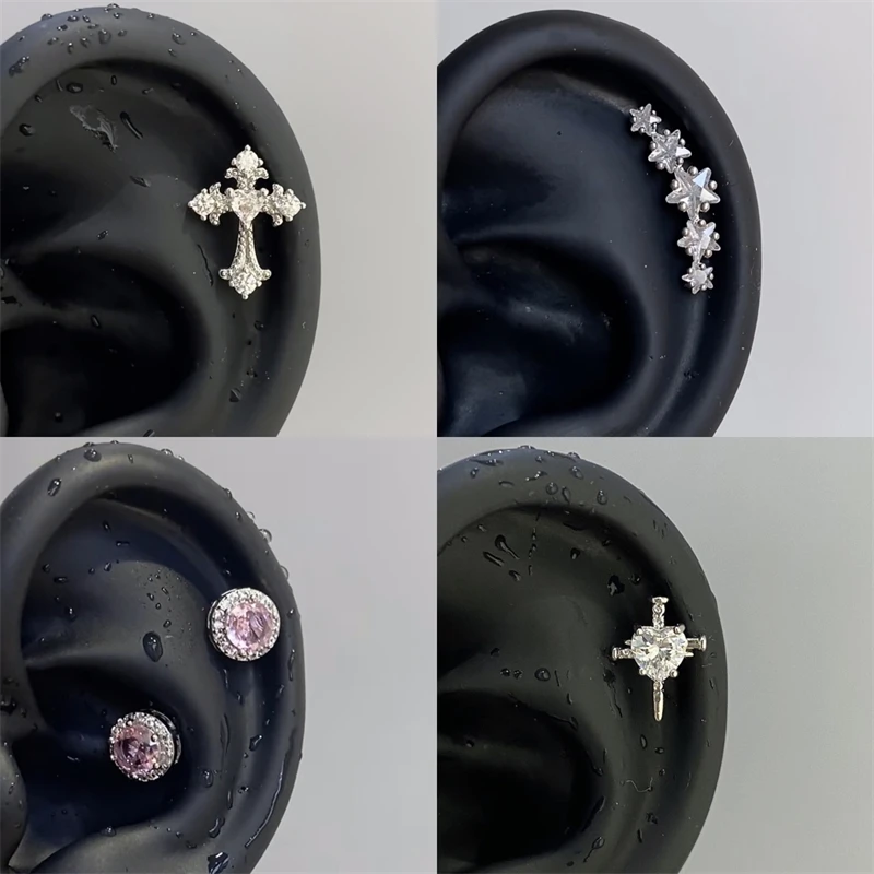 1pcs Shiny Cross Zircon 316L Stainless Steel Ear Bone Nail Y2K Style Silver Color Earring For Women Cochlear Accessories