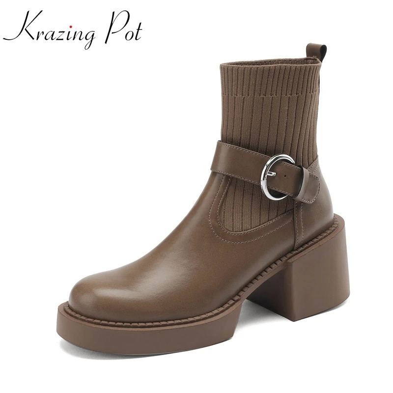 

Krazing Pot Cow Leather Knitwear Round Toe Thick High Heels Winter Fashion Boots Slip On Metal Buckle Gorgeous Ins Ankle Boots