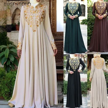Women Abaya Robe Dress Muslim Fashion Print Long Sleeve Simple Adult Casual Middle Eastern Ethnic Big Swing Elegant Clothing 1