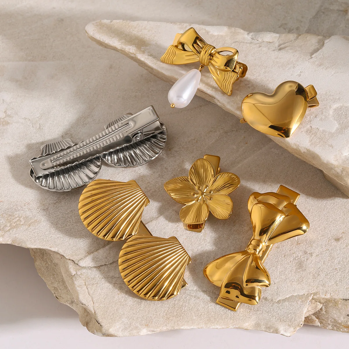 316l Stainless Steel Glossy 18K Gold Plated Shell Hairpin Thick Love Heart Cherry Blossom Bow Knot Bobby Pin Hair Accessories