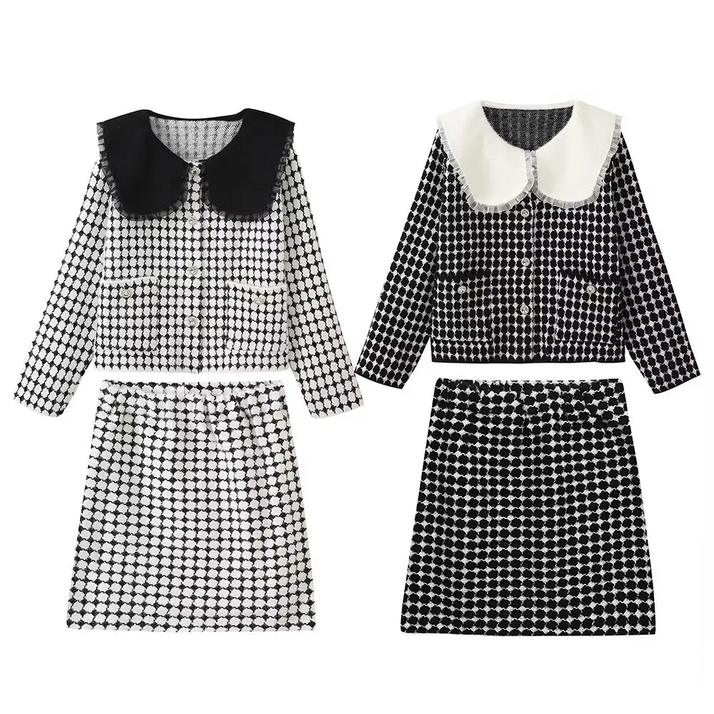 

Suit Women's 2 Pieces 2023 Fashion Exquisite Buttons Navy Collar Knit Coat Retro Long-sleeved Shirt+elastic Waist Skirt Suit