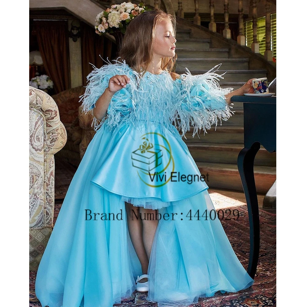 

Exquisite Satin Scoop Flower Girls Dresses for Kids 2024 Summer Short Sleeve Feather Wedding Party Dresses فلور فتاة اللباس