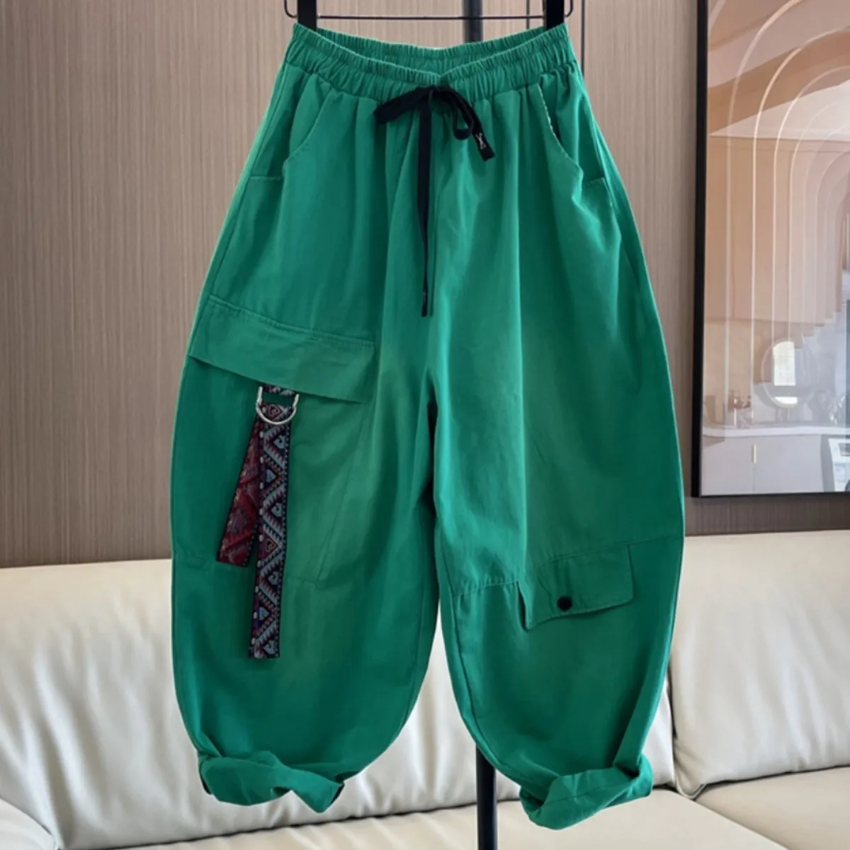 

2024 Spring Summer New Thin Colored Casual Pants Women Elastic Waistband Loose Fit Oversized Harem Pant Green Black White LX314