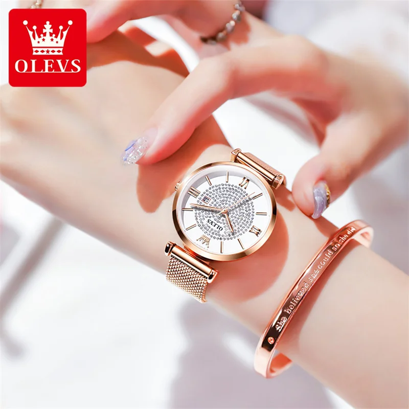 OLEVS-Relógio De Quartzo De Diamante De Luxo Para Mulheres, Aço Inoxidável, Impermeável, Calendário, Marca De Moda