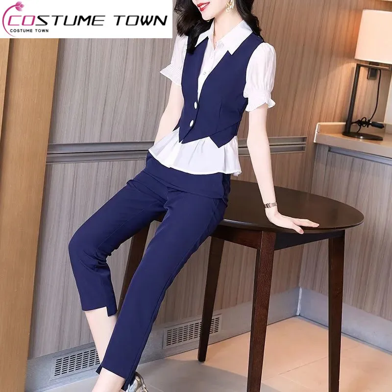 2023 Spring/Summer Korean Edition New Women's Wear Design Sense Slim Fit Short Sleeve Top Fashion Trouser Two Piece Set