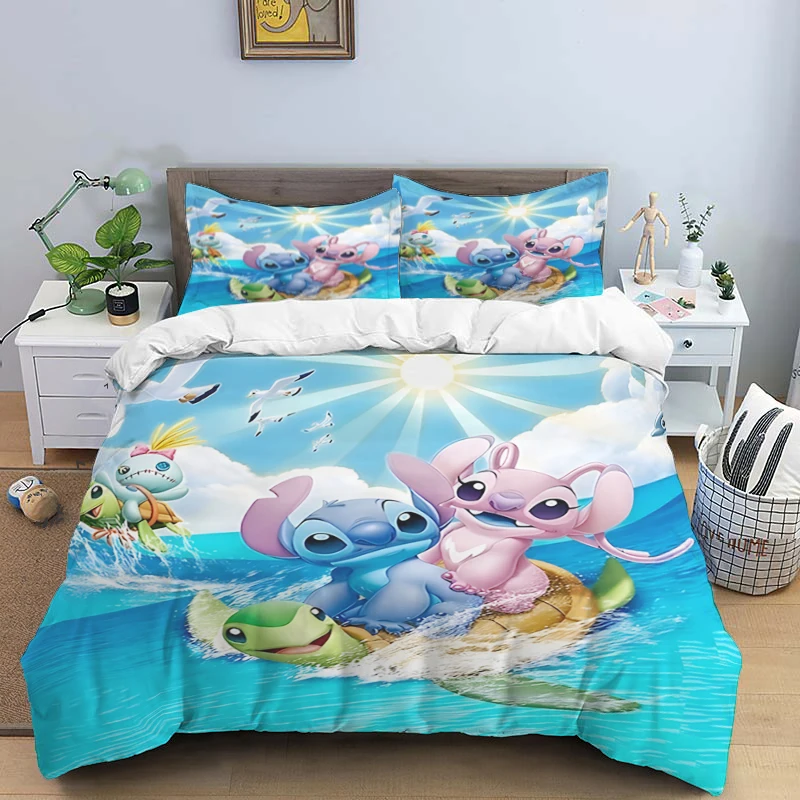 thumbnail image 1 of Disney Cartoon Cute Stitch Print Three Piece Bedding Set Cover Set With Pillowcase Children or Adults King Queen Full Twin Size, 1 of 4