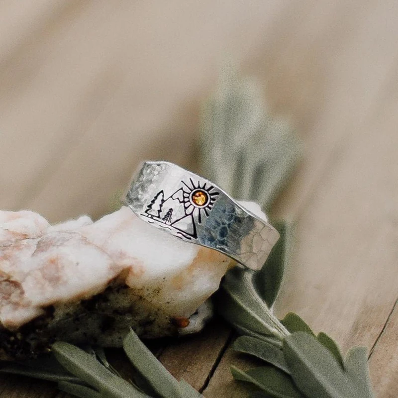 Vintage Ring Forest Mountain Sunset Nature Landscape Carved For Women Men Open Adjustable Jewelry