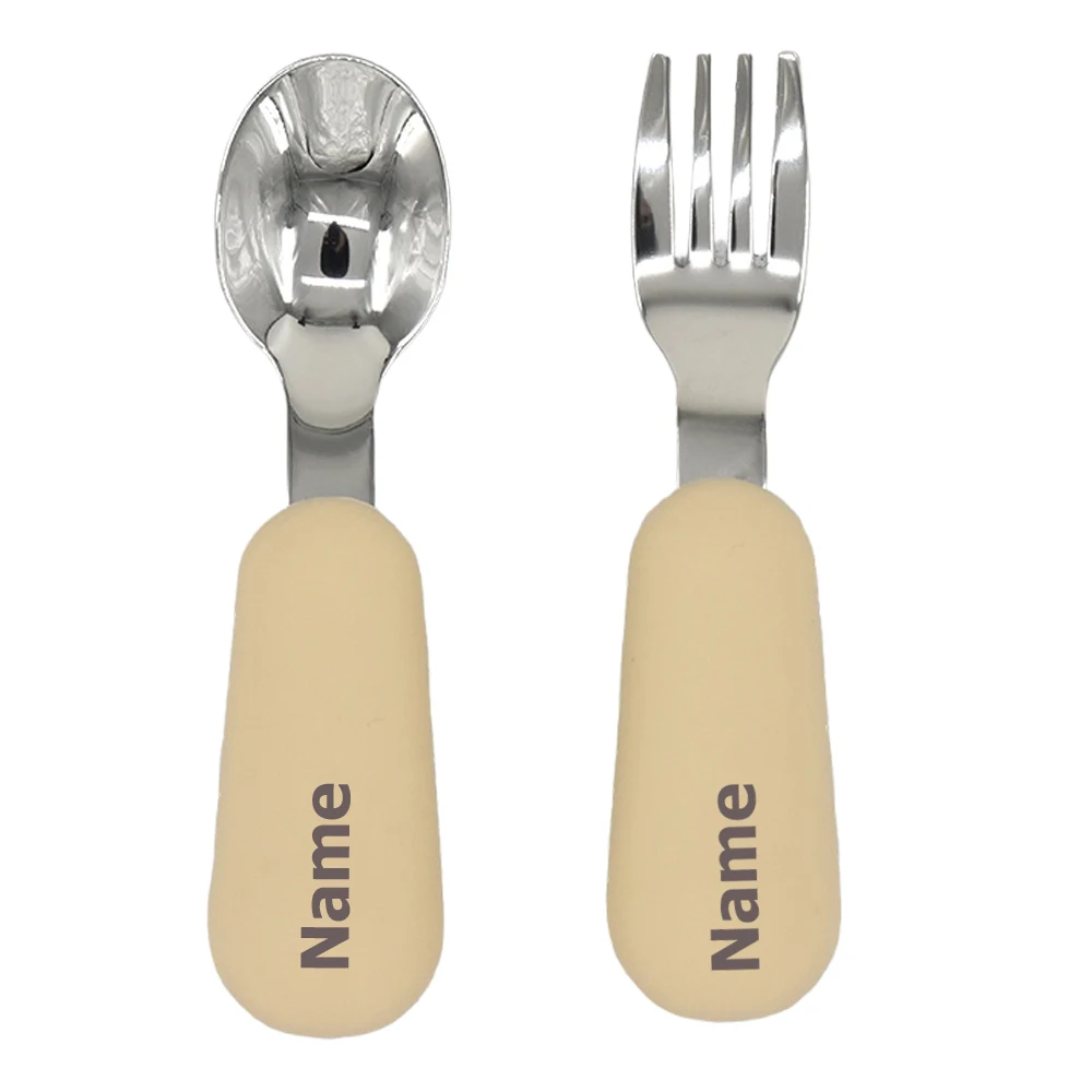 Baby Cutlery Set - Fork & Spoon - Stainless Steel with Silicone Handles - Free Name Printing - Children's Surprise Gift