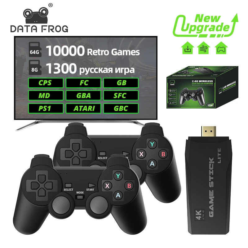 Dados Frog4k Retro Video Game Stick Dendy Game Console sem Fio Construído em 10000 Jogos para Ps1 Snes Sega tv Portátil