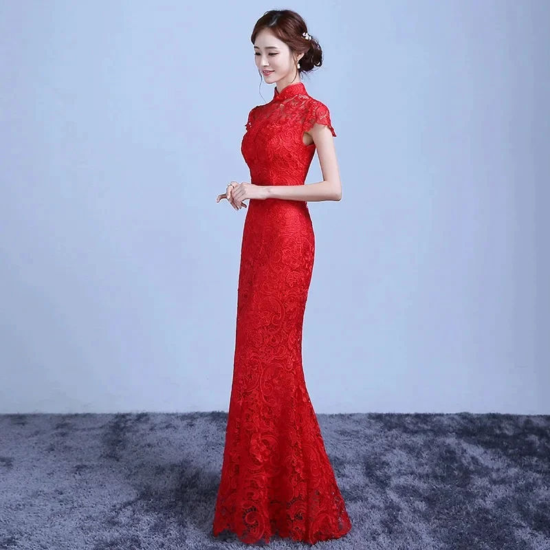 

Lace Fishtail Improved Cheongsam Women's New Summer Chinese Red Wedding Dresses Long Sexy Slimming Qipao Dress 4XL 5XL