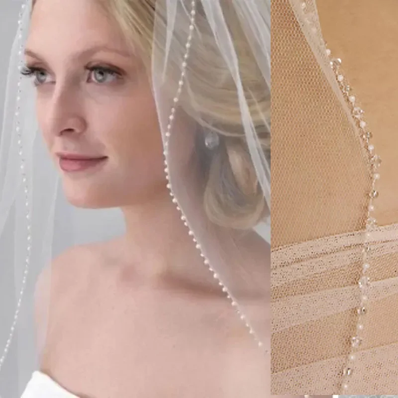 White Ivory Crystal Beaded Edge 1 Tier Fingertip Wedding Veils Bridal Accessories Soft Tulle Bridal Veil With Metal Comb
