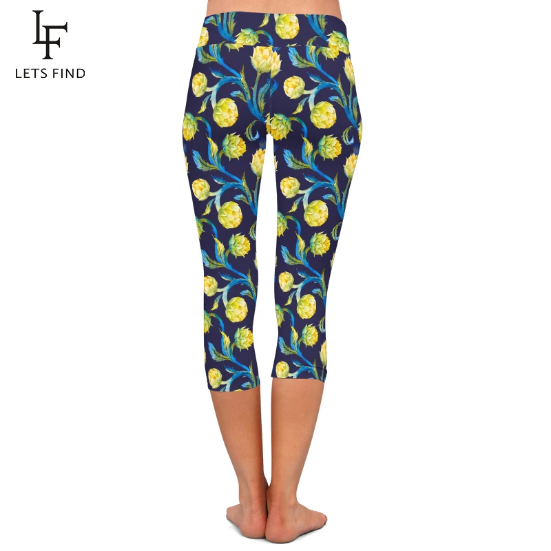 LETSFIND High Waist Slim Women Fashion Flowers Printing Elastic Capri Leggings Summer New Casual  Mid-Calf Pants