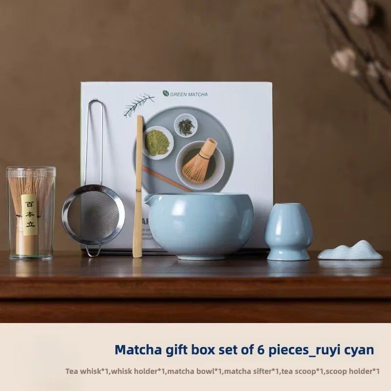 Kit De Té Matcha Japonés – 4 Piezas: Batidor De Bambú, 2 Cucharas Y Soporte De Cerámica | Color Cian | Ideal Para Ceremonia Matcha O Uso Diario