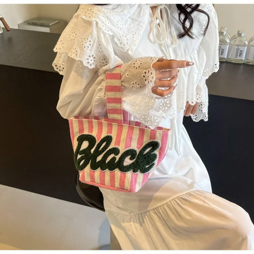 Summer Small Canvas Handbag Commuter Phone Bag Striped Buet Bag Faionable Versatile Handheld Bag for Young Women Girls