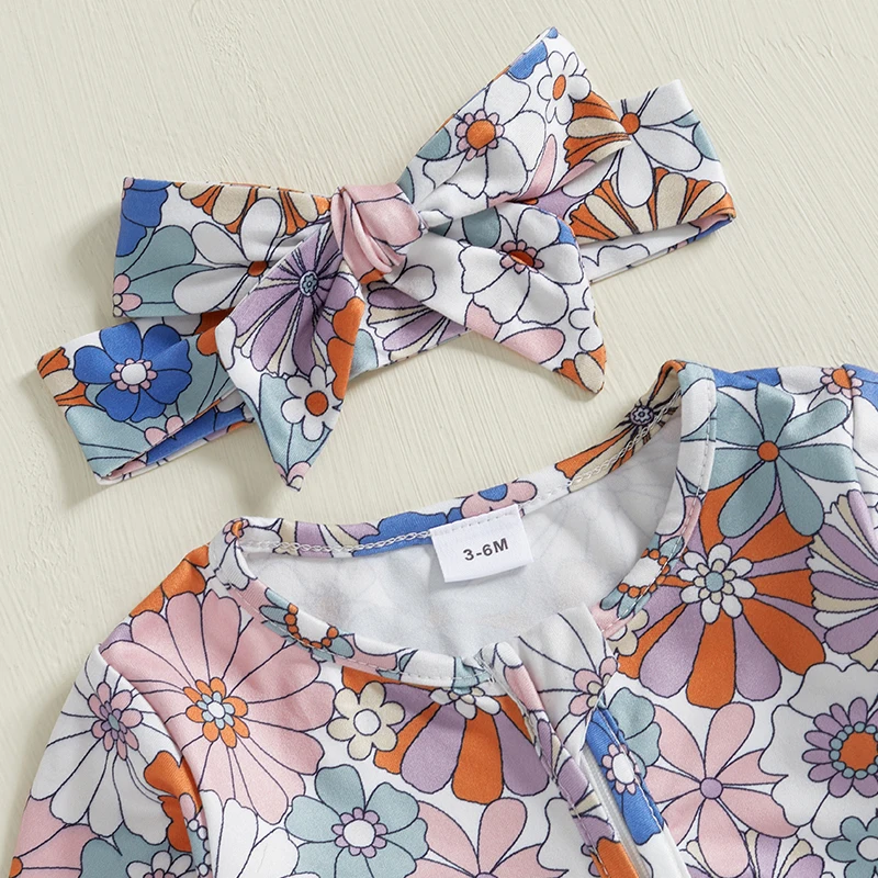 Autumn Newborn Baby Girl Fall Outfits Long Sleeve Floral Print Footie Jumpsuit Headband Set Clothes