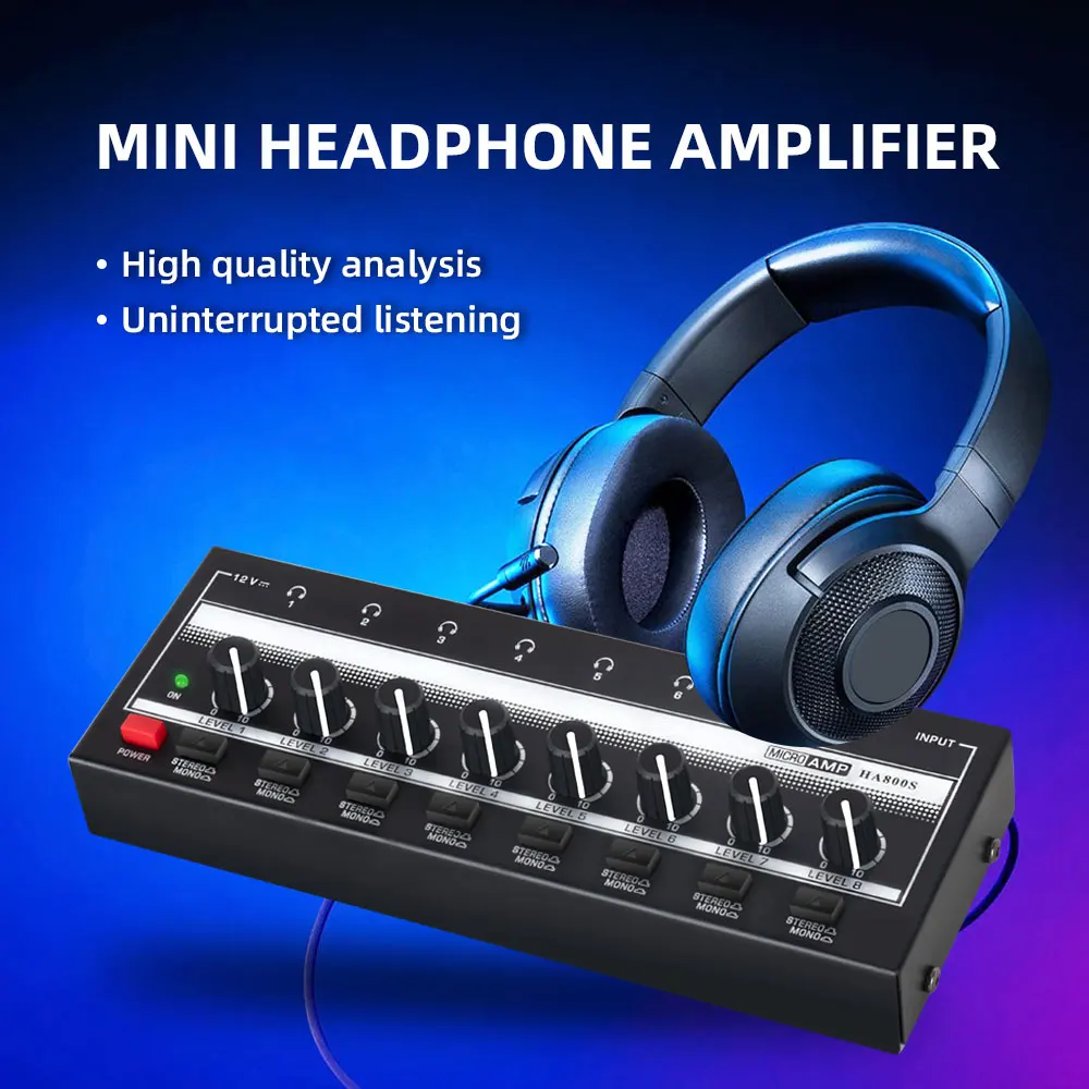 8 Channels Headphone Amplifier Mini Amplifier with Stereo/Mono Switch Profession
