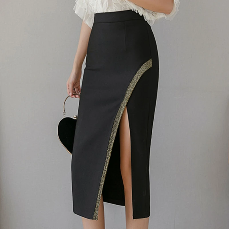 satin midi skirt 2022 Spring Women Slit Pencil Skirt Fashion Patchwork Slim High Waist Midi Skirt Sexy Lady Office Black Skirts Womens Jupe Femme maxi skirt