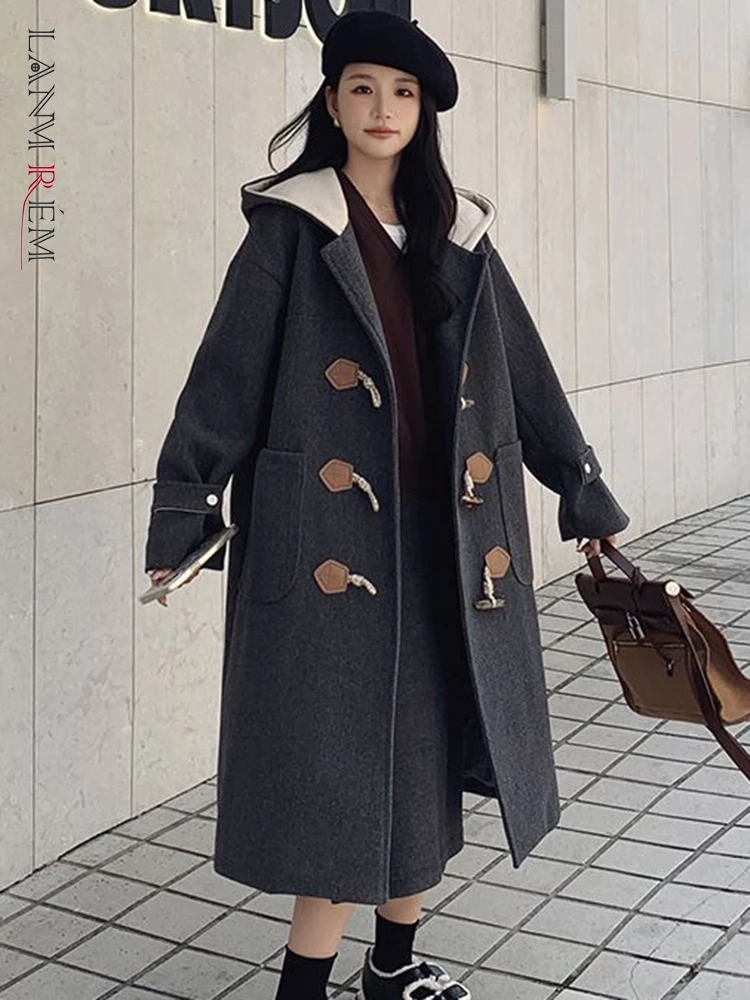

LANMREM Women Korean Style Long Woolen Coat Hooded Horn Button Solid Color Female Clothing Fashion 2023 Winter New 2AA3084