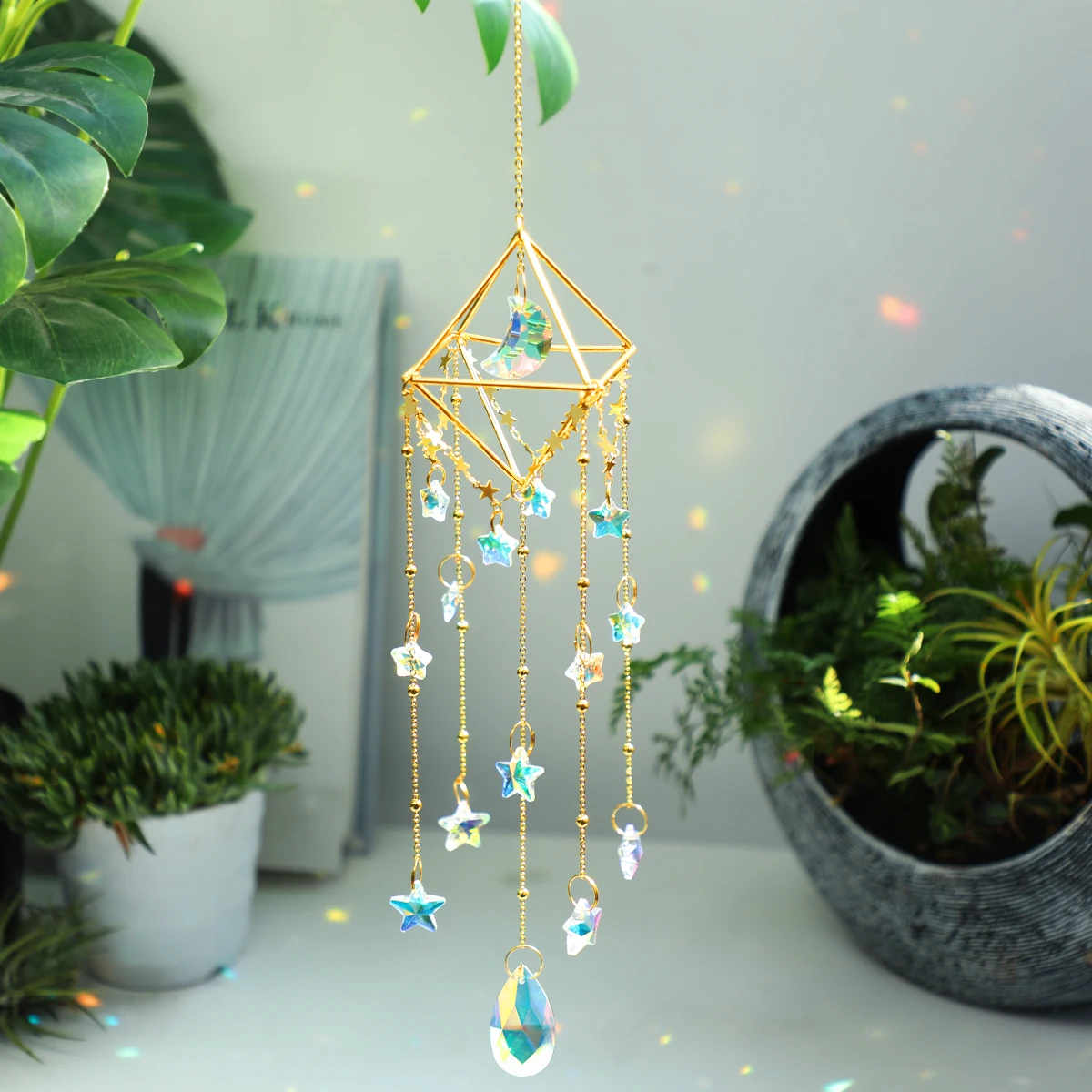 Iridescent Moon Stained Glass Suncatcher Crystal Hanger – teardropglassshop