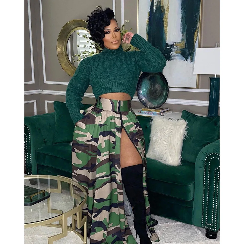 

Camouflage Slit Skirts for Women Casual Zipper High Waist A-Line Skirts Summer Fashion Oversize Female Long Skirt Y2k Clothing