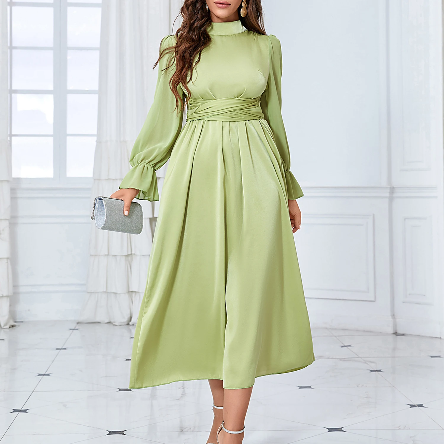 

Women's Maxi Satin Dress, Puff Sleeve Wrap, Round Neck, Ruched Belted, Long, Formal Cocktail Dresses
