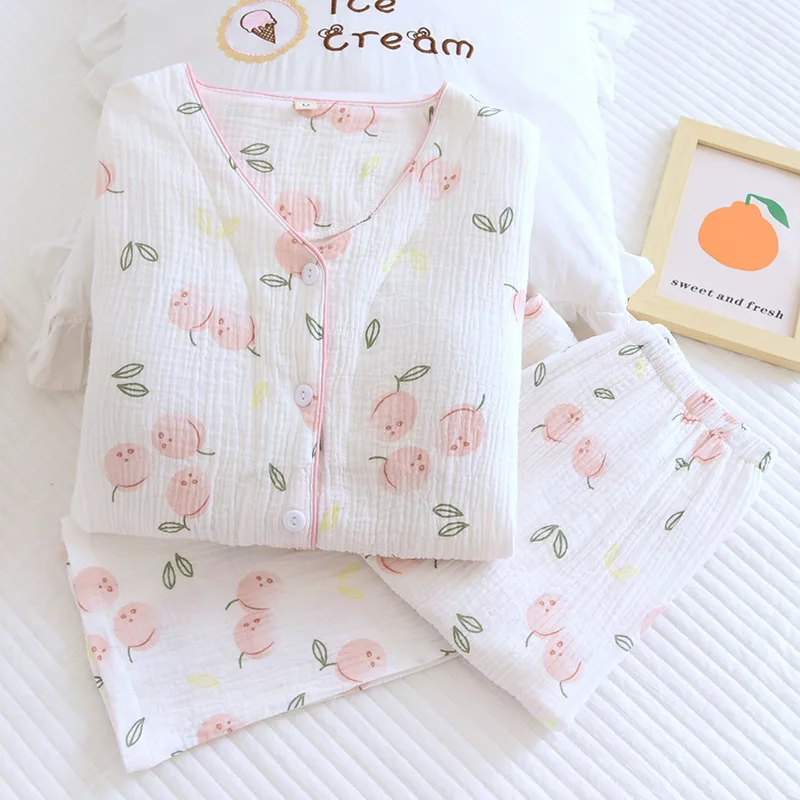 

Women Cotton Pajama with Chest Padded Print Korea Style Ladies Sleepwear Spring Autumn Crepe 2 Pcs Pijama Suit for Female