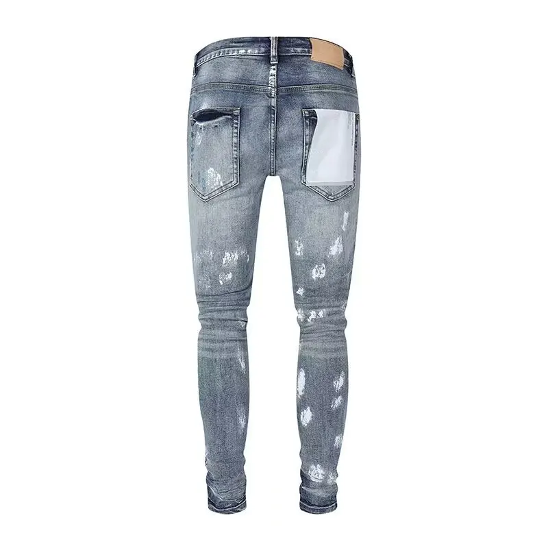 High Street Fashion Men's Patch Jeans Retro Light Blue Elastic Tight Split Jeans Men's Design Colorful Drawing Flow Master Hip H