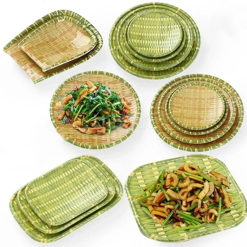 Farmhouse dishes irregular hotpot restaurant Melamine imitation bamboo creative plate shaped barbecue plate cutlery diner