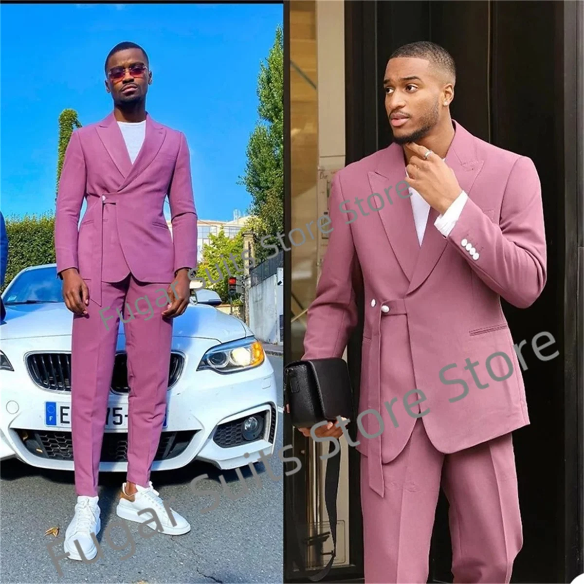 Fashion Trend Pink Wedding Men Suits Slim Fit Peak Lapel Groom Formal Tuxedos 2 Pieces Sets Casual Male Blazer Ternos Mascuion