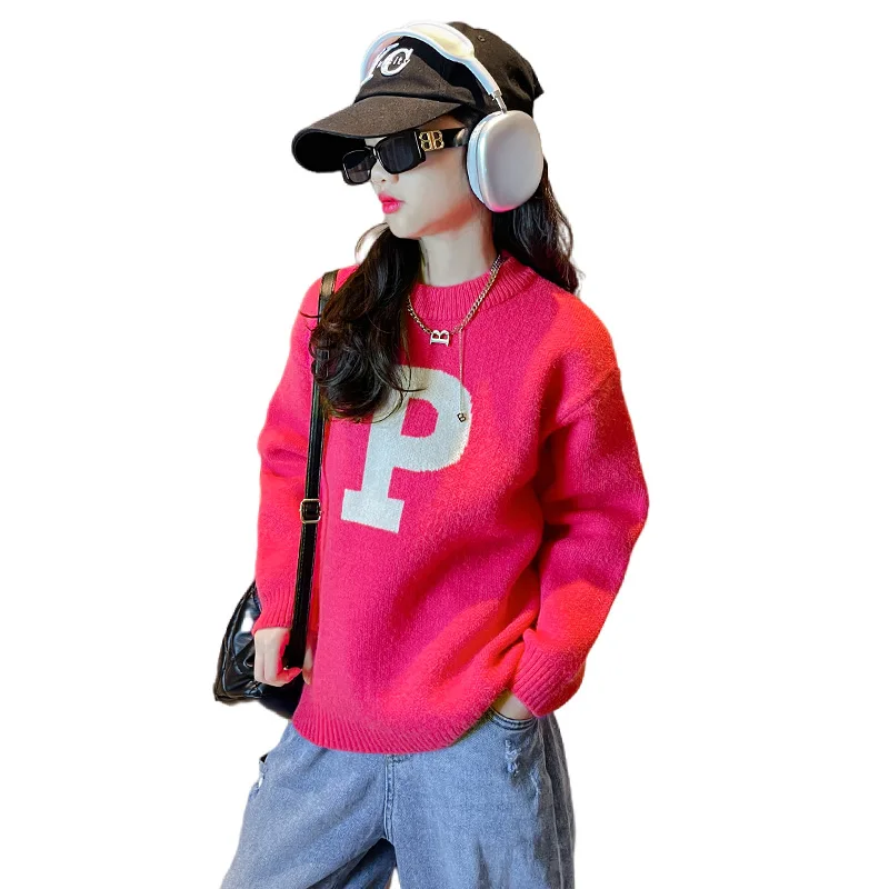 

Girls Pullover Spring Autumn New Fashion Letter Jacquard Knit Sweater Kids Clothing for Teens Korean Crew Neck Sweatshirt 4-14 Y