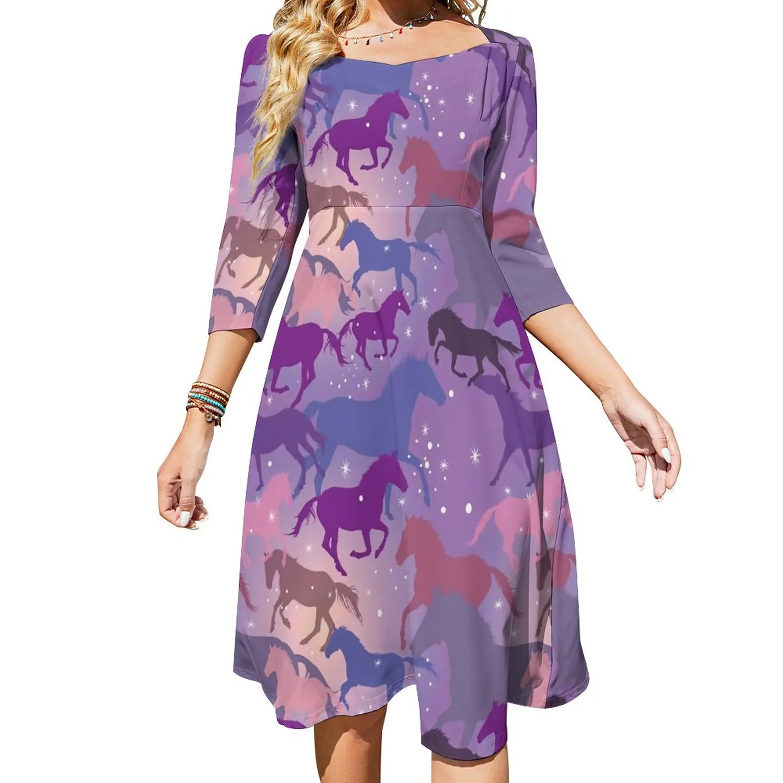 

Flare Horse Casual Dress Women Animal Print Street Style Dresses Elegant Dress With Bow Summer Big Size Clothes