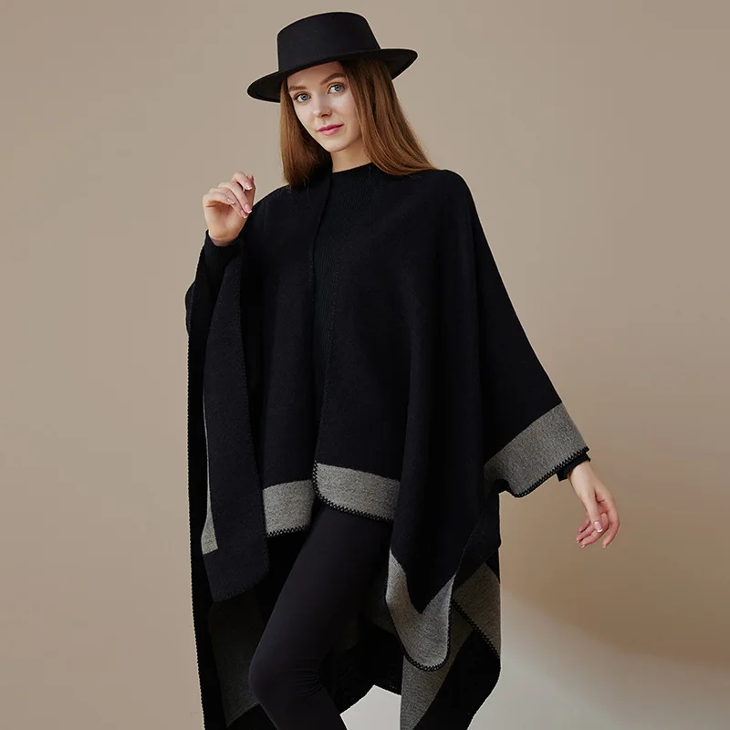 

2023 Plain Striped Warm Shawl Autumn Winter Office Double Sided Split Cape Wool Scarf Blanket Bufanda Foulard Travel Poncho