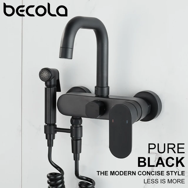 ทองเหลืองอ่างล้างจานก๊อกติดผนังอ่างล้างหน้าผสมเย็นและน้ำอุ่น Tap สีดำอ่างล้างจานก๊อกน้ำสเปรย์ปืนสำหรับห้องครัว 5