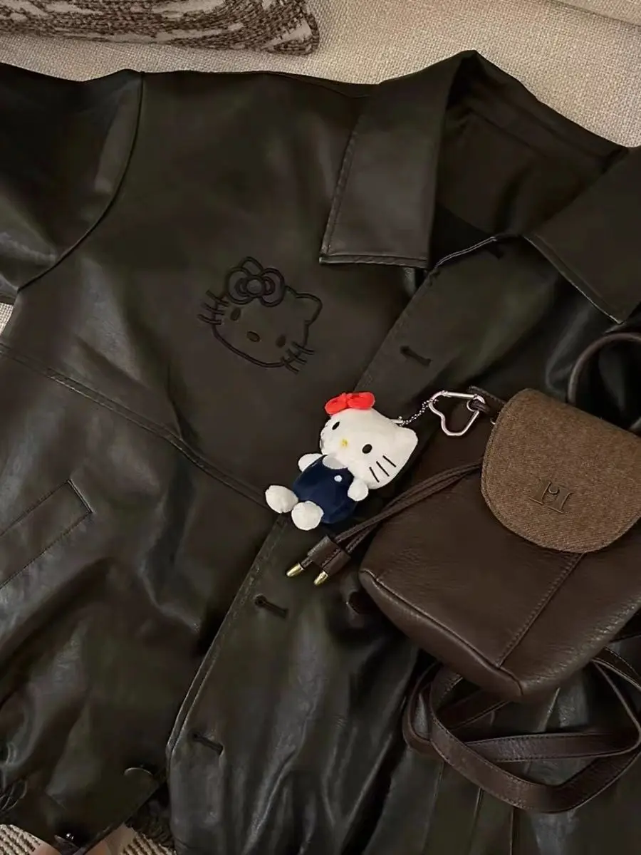 

Kawaii SanrioHellokitty аниме Kawaii Новинка милая и милая кожаная повседневная куртка универсальная популярная модная свободная бейсбольная форма