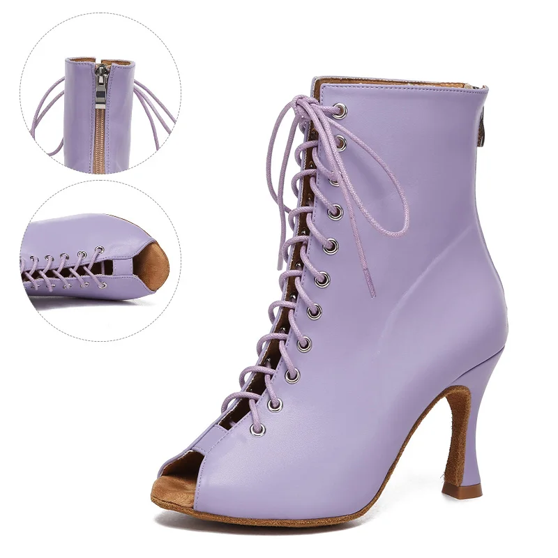 SWDZM  Latin Dance Shoes Women Ballroom Suede Sole Tango Modern Practice Mesh Boots Lace-Up Customize 5-10CM High Heeled 5