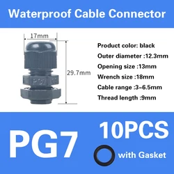Waterproof IP68 Nylon Cable Gland Connector - White/Black (PG7 - black)
