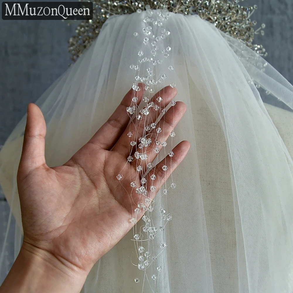 MMQ M20 Crystal Edge Wedding Veil with Comb White Soft Tulle Yarn 1 Tier Fingertip Length Tassel Bridal Veil
