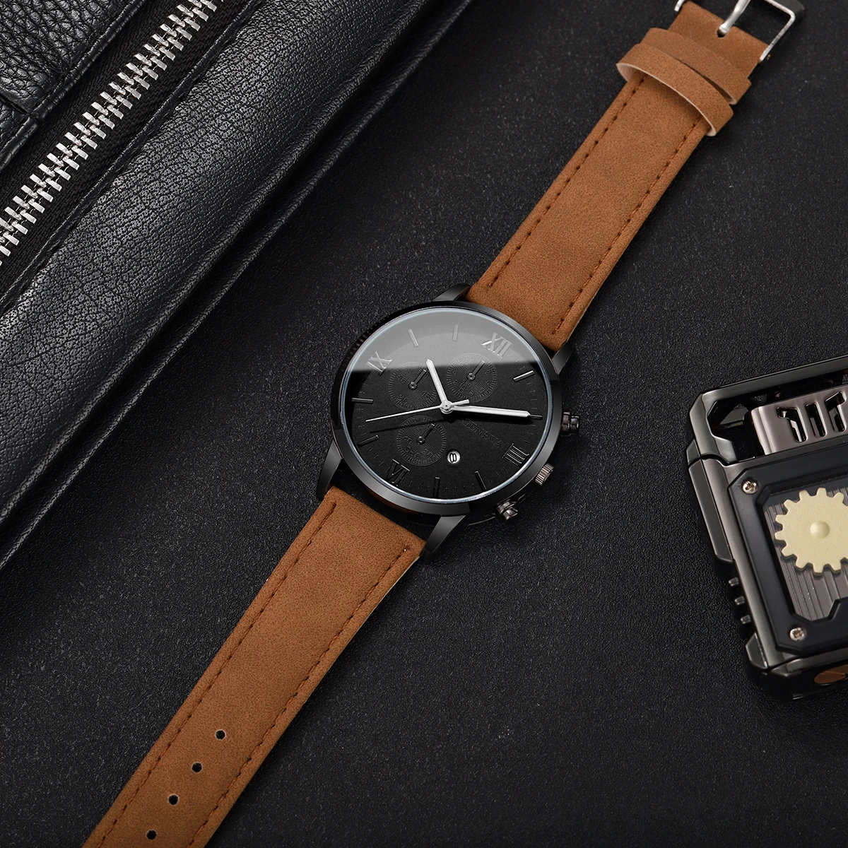 1PC Men's Casual Calendar Watch Men's Fashion Bussiness Temperament Leather Quartz Watch Unisex Watch Set (Box Not Included)