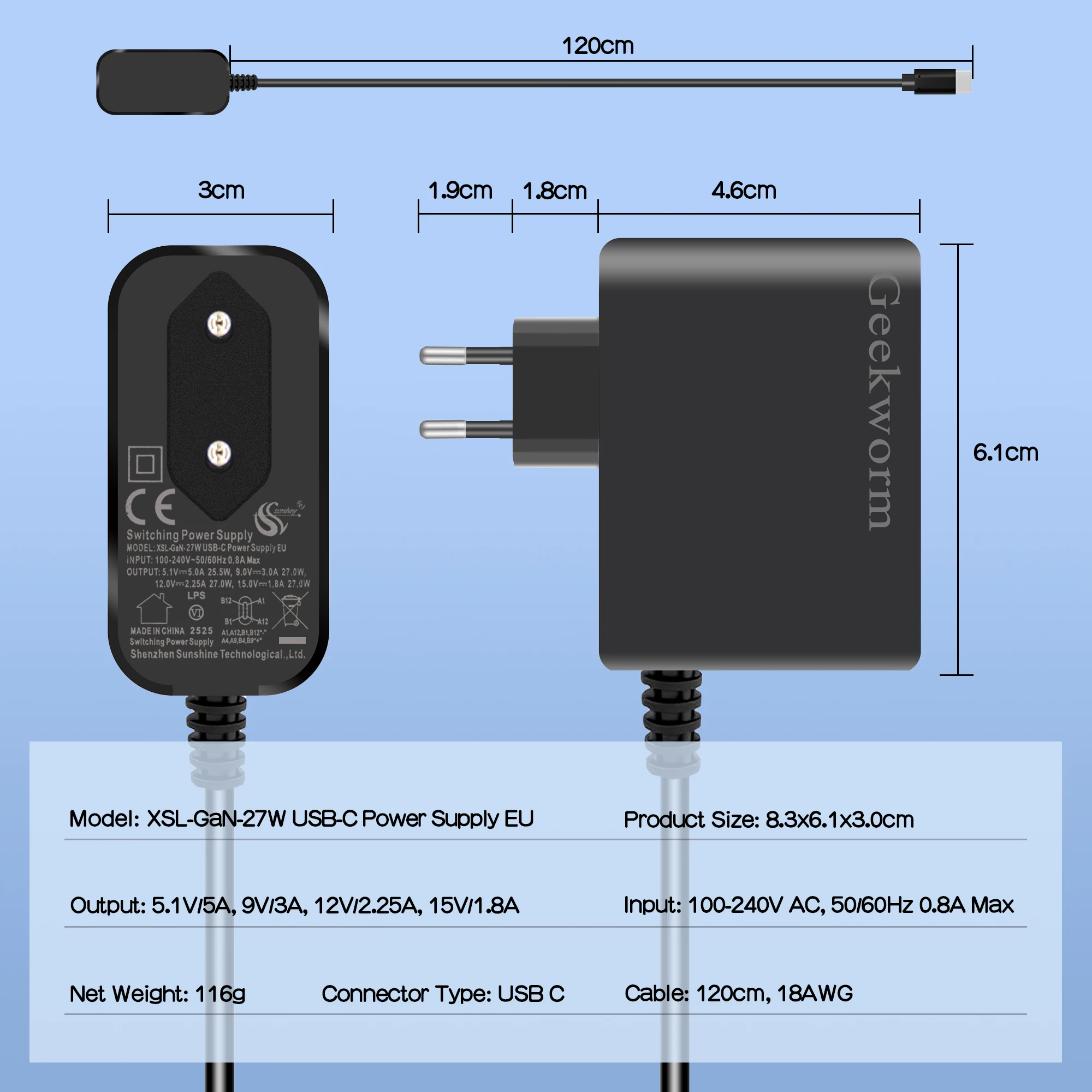 Geekworm Raspberry Pi 5 USB-C Power Adapter GaN PD 27W Type C Power Supply Raspberry Pi 5 Power Adapter