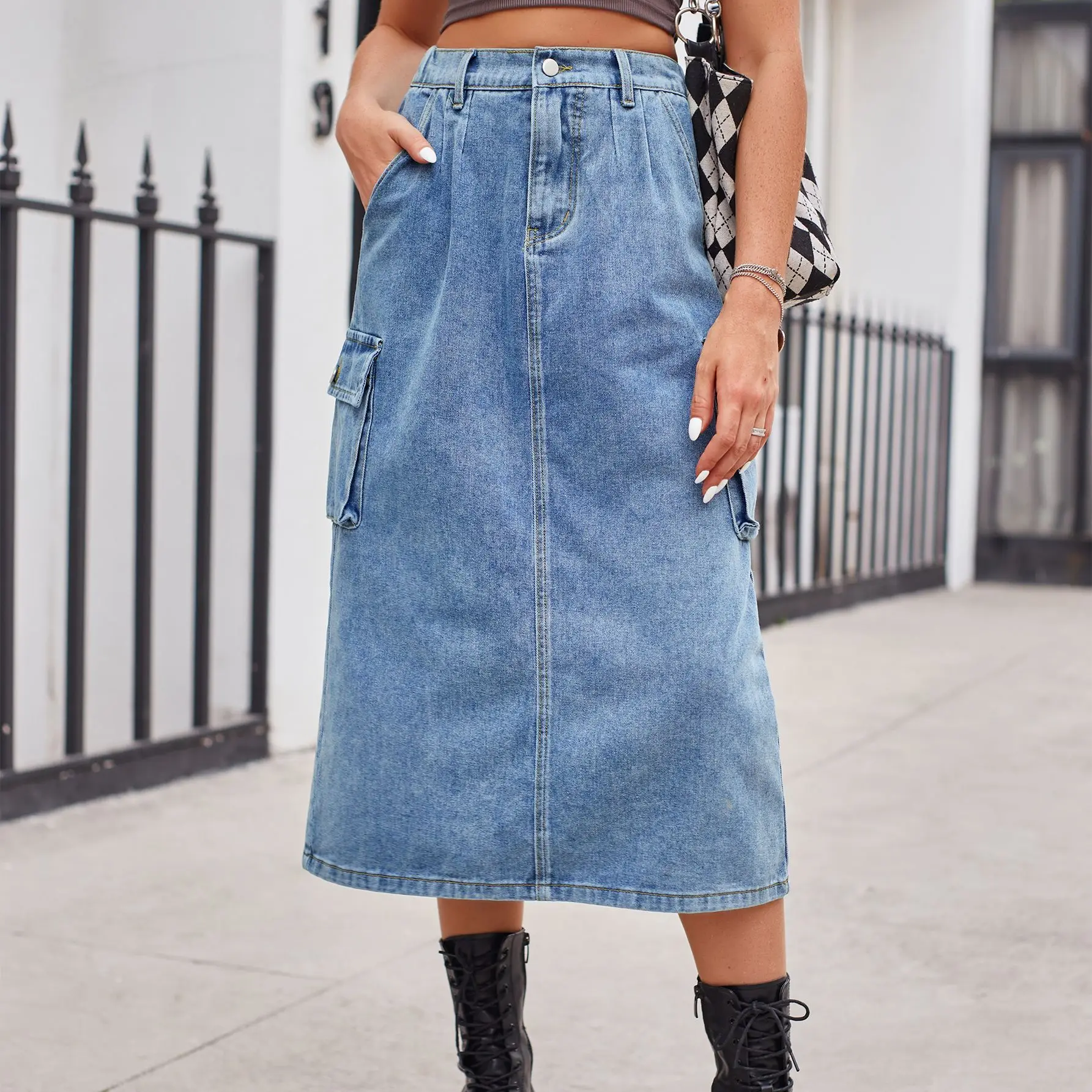 

Versatile Slim Denim Skirt for Women 2023 New Elegant Straight Barrel High Waist Button Pocket Split Retro Mid length Dress
