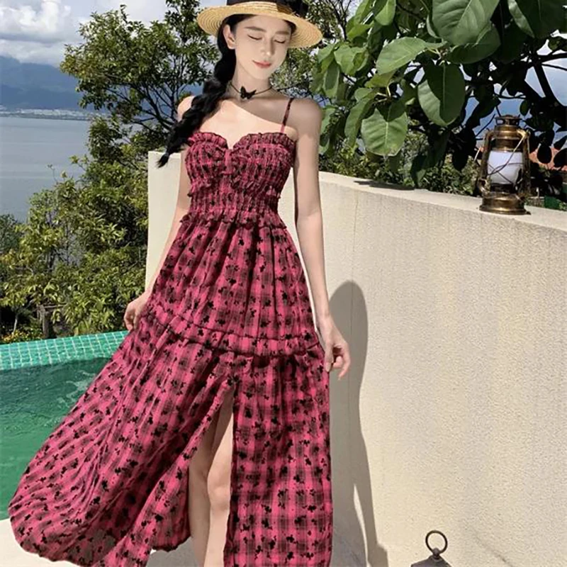 

Lolita Holiday Style Sling Slim Dress for Women 2023 Floral Vacation Summer Casual Ladies Sundress Chic Long Kawaii Clothes New