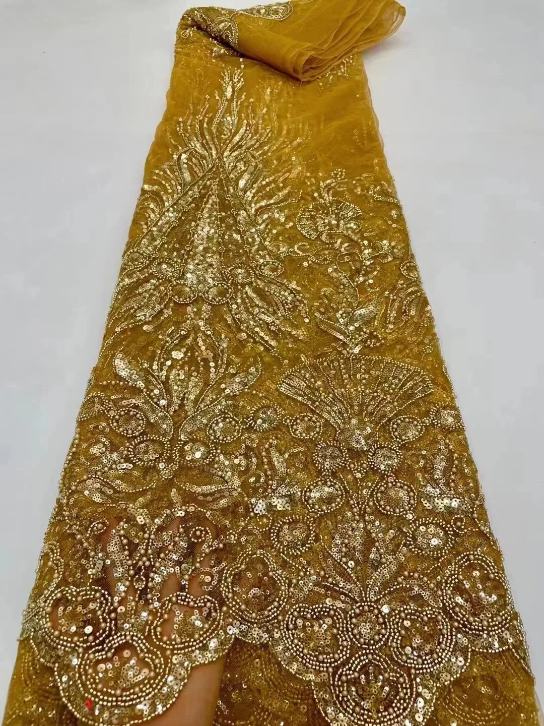 

African Handmade Beaded Lace Fabric Latest Nigerian 2023 High Quality Sequins Tulle Lace Embroidery With Pearls For Sewing