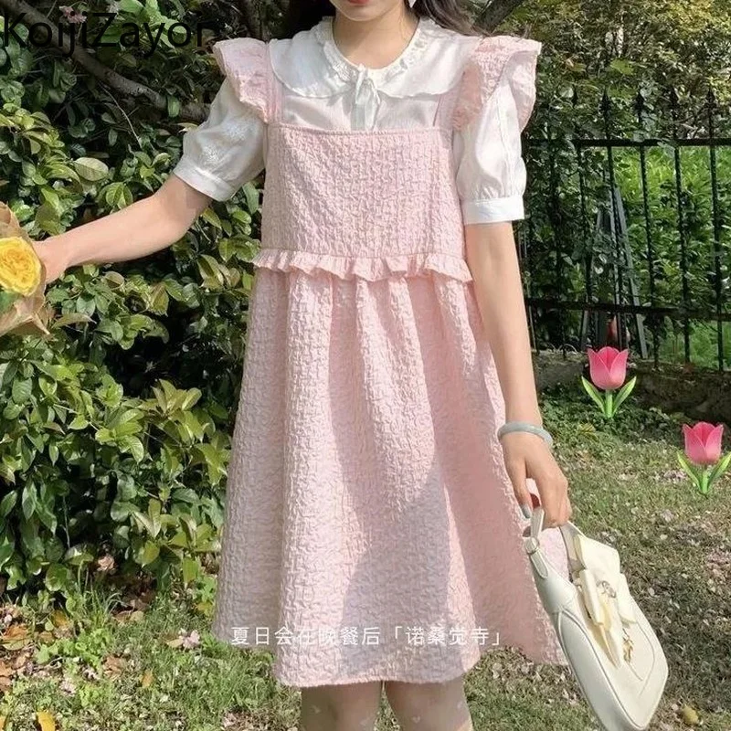 

Koijizayoi Fashion Two Pieces Set Sweet Pink Straight Midi Dress White Short Sleeves Shirt Summer Outfits Women 2 Pieces Set