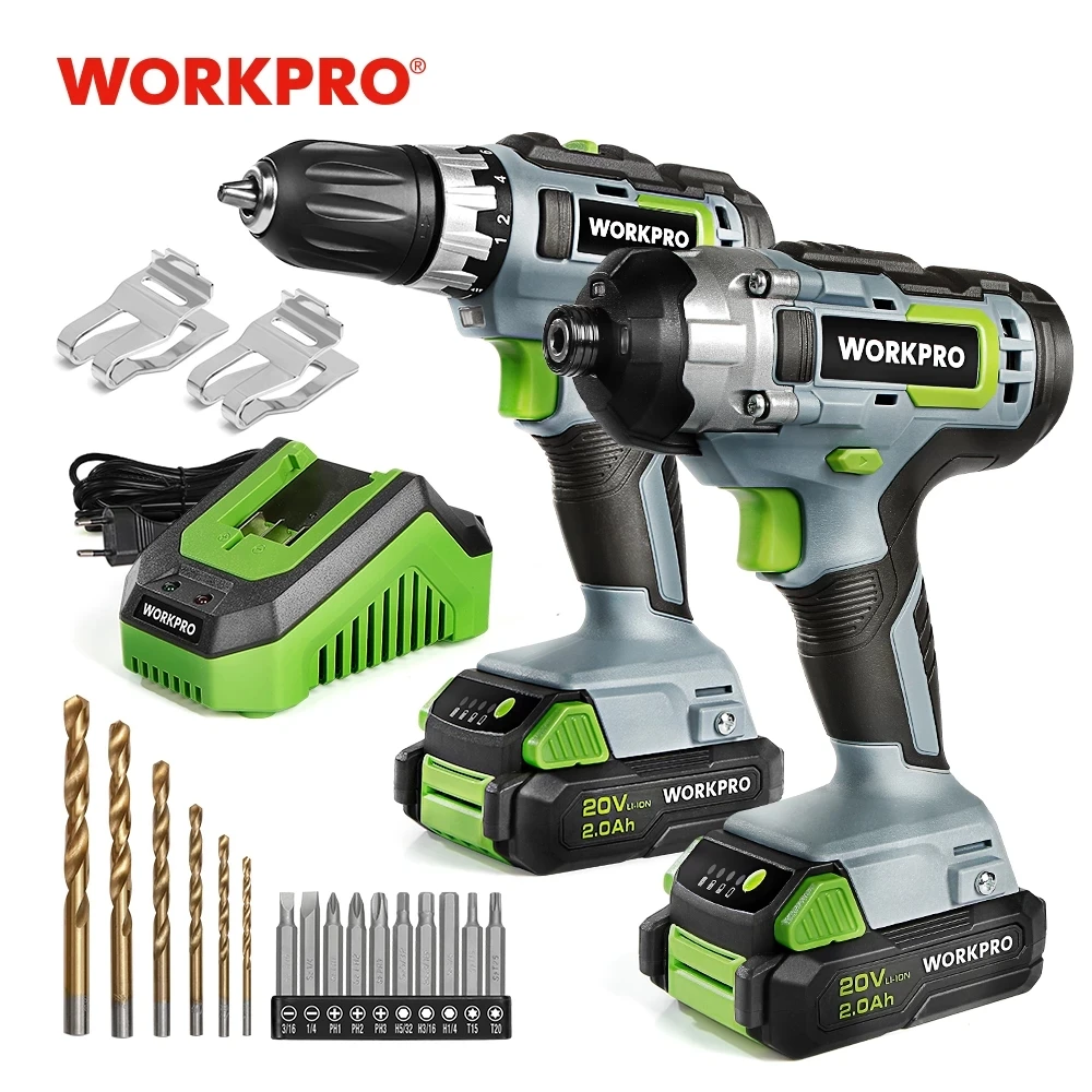 WORKPRO 20V 무선 드릴 콤보 키트, 드릴 드라이버 및 임팩트 드라이버, 2x 2.0Ah 배터리 및 1 시간 고속 충전기 포함