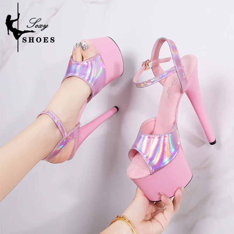 Women's Summer Shoes with Heels Sexy 17CM/7Inchs Platform Sandals Pole Dancing Fetish Erotic Stripper Shoes Luxury Laser Color