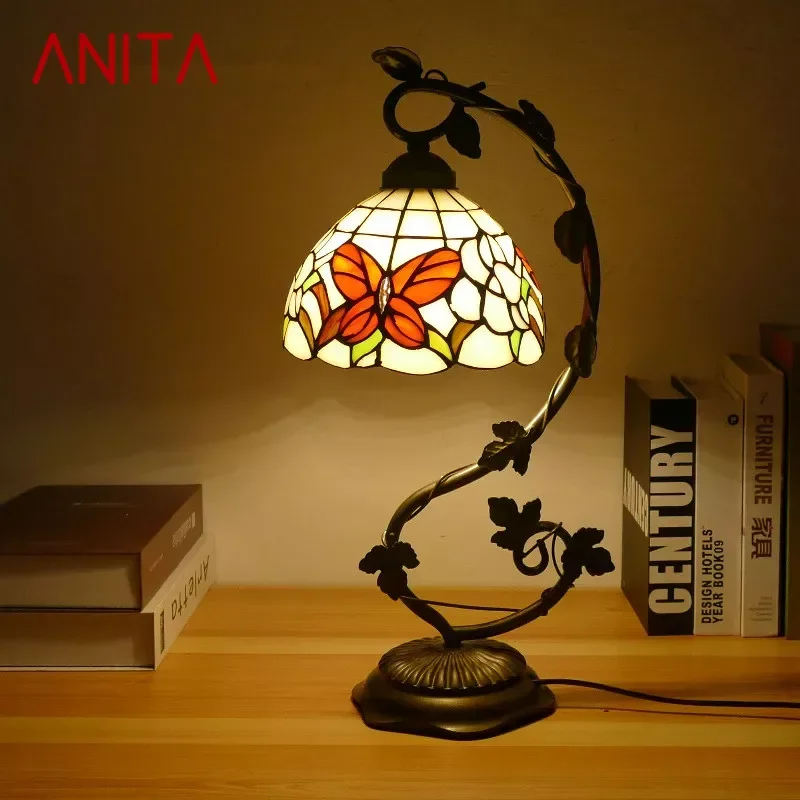 

ANITA Tiffany Table Lamp American Retro Living Room Bedroom Lamp Luxurious Villa Hotel Stained Glass Desk Lamp