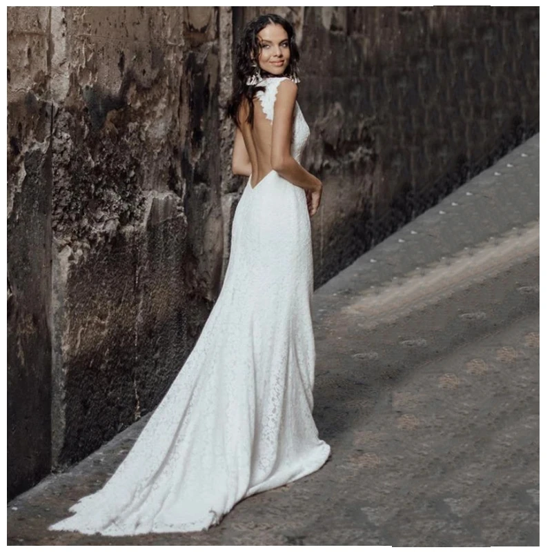 Lace Wedding Dress 2023 V Neck Lace Sexy Boho Bridal Dresses Custom Made Backless Mermaid Wedding Gowns Vestidos de novia 2