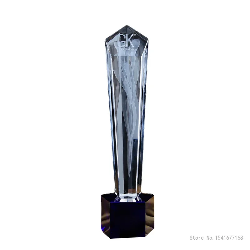 Customized Crystal Trophy with Engraving Flame, Creative Lettering, Excellent Staff, annual Meeting Award, Decor, Blue Base, 1Pc