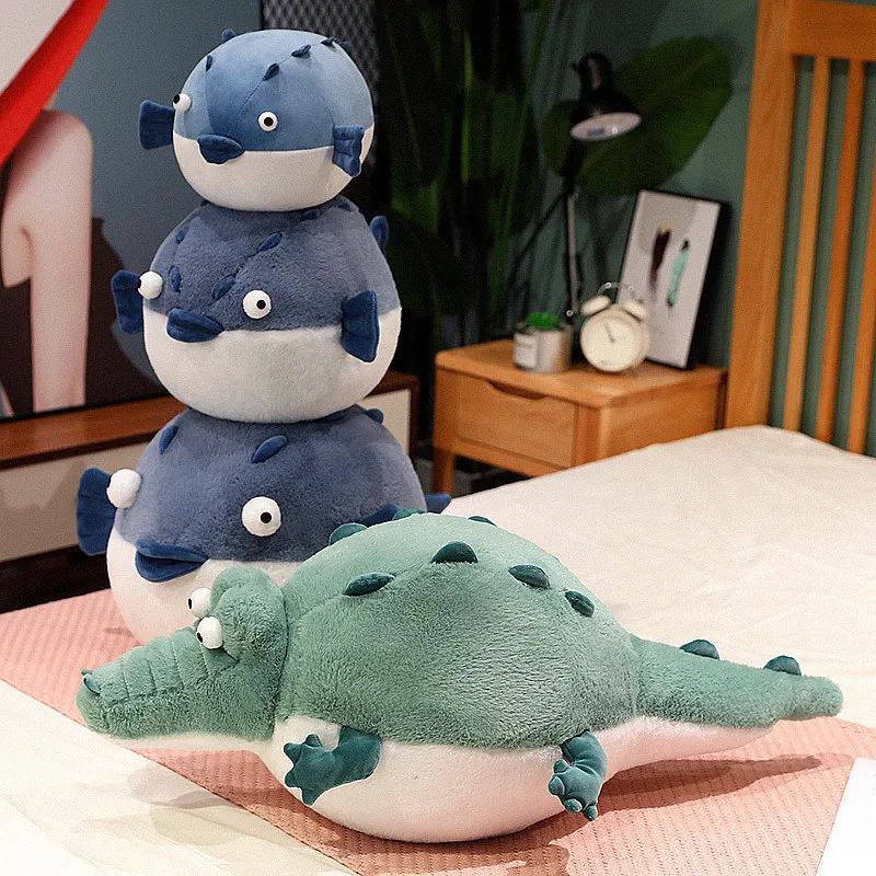 Cute Simulation Fat Round Crocodile Puffer Fish Plush Toys Lifelike Stuffed Animal Doll Soft Plushies Pillow Kawaii Anime Gifts